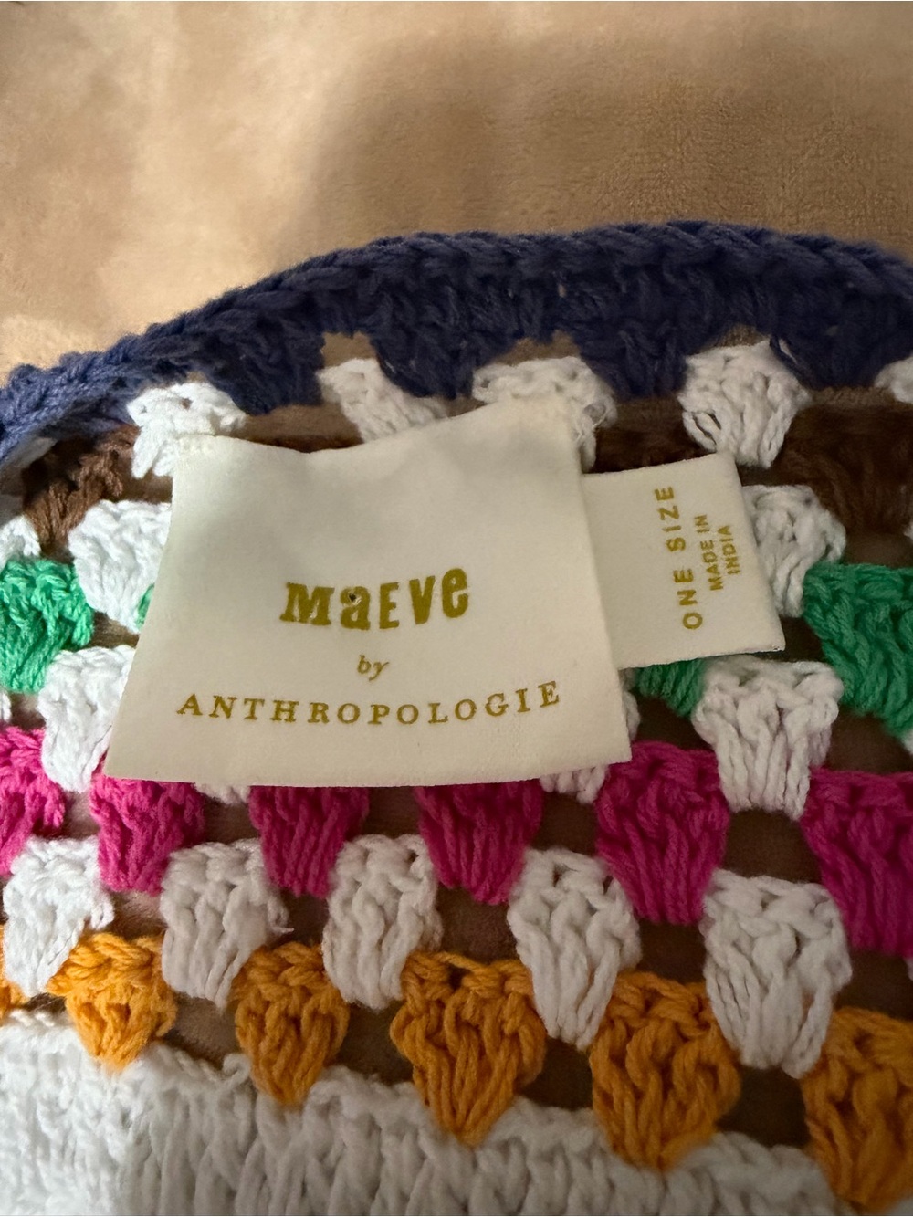 Anthropologie Maeve Cream Crochet Open Cardigan Rainbow Trim One Size - Picture 6 of 7